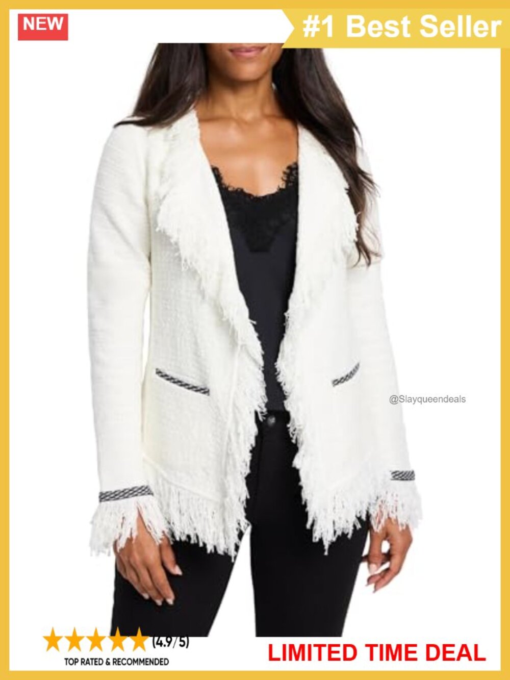 Fringe Mix Knit Jacket Open Front Notch Collar Long Sleeve Blazer